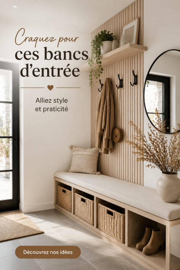Banc d'entrée élégant en bois avec des coussins confortables, dans un hall chaleureux.