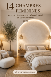Une chambre à coucher féminine et apaisante avec des couleurs douces et des plantes décoratives