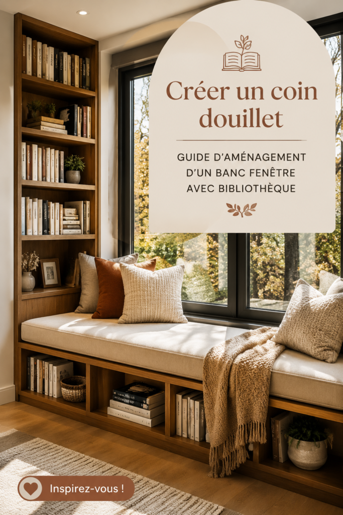 Un coin lecture cosy avec une fenêtre, des étagères remplies de livres et un fauteuil confortable