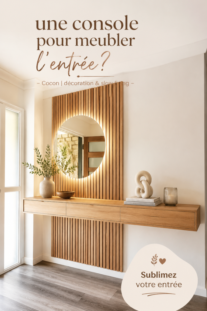 Console d'entrée moderne en bois décorée avec des plantes et un miroir