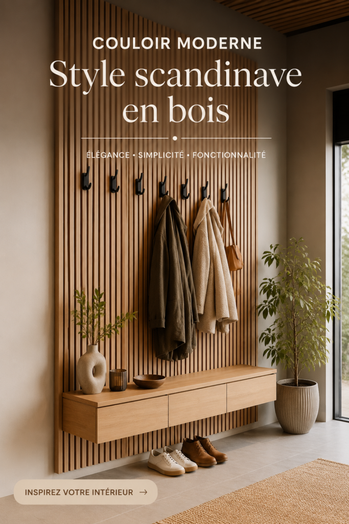 Couloir moderne au style scandinave avec des murs en lattes de bois.