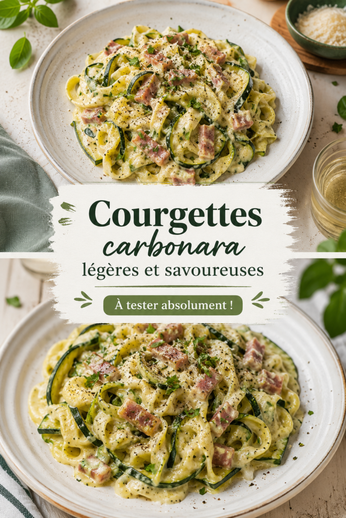 Une assiette de courgettes carbonara légères et savoureuses avec des herbes fraîches en garniture.