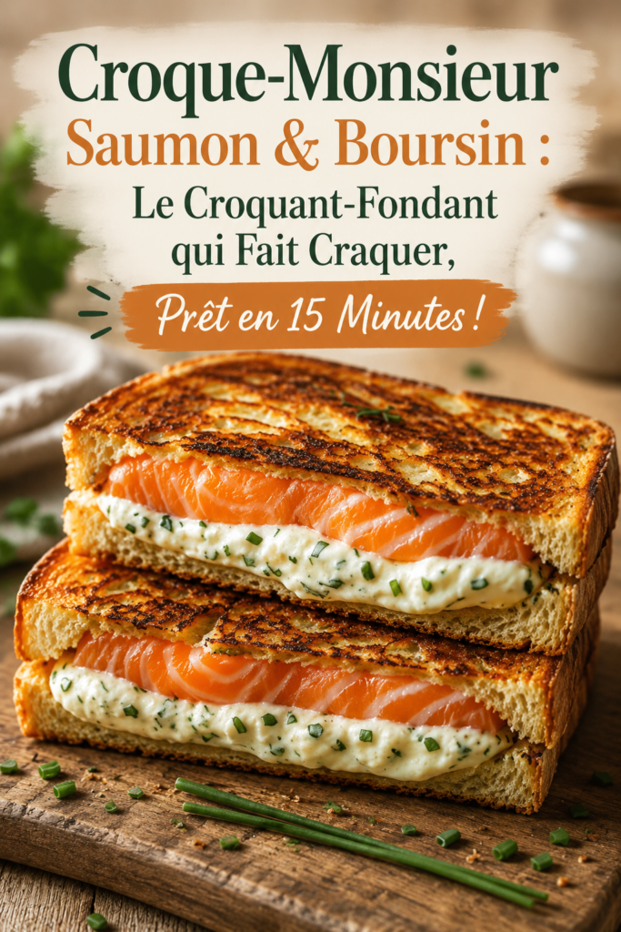 Un croque-monsieur au saumon et Boursin, croustillant et fondant.