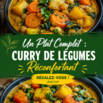 Un plat de curry de légumes colorés, appétissant et réconfortant sur une table en bois.