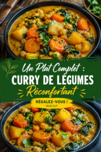 Un plat de curry de légumes colorés, appétissant et réconfortant sur une table en bois.