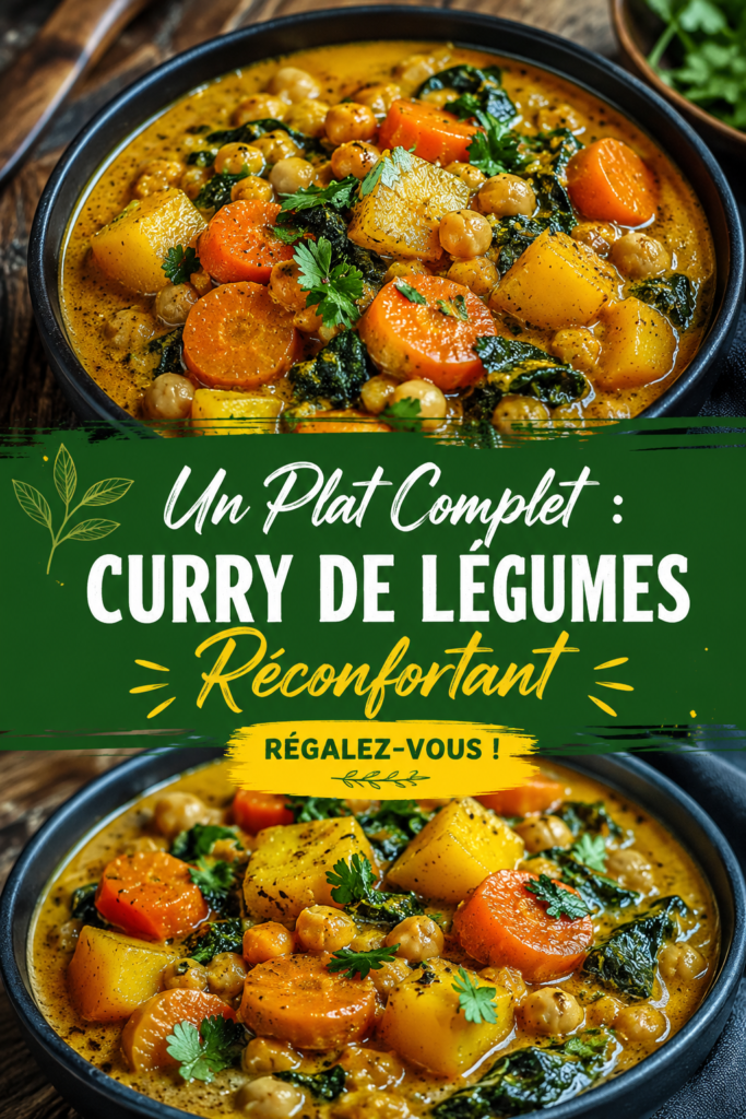 Un plat de curry de légumes colorés, appétissant et réconfortant sur une table en bois.
