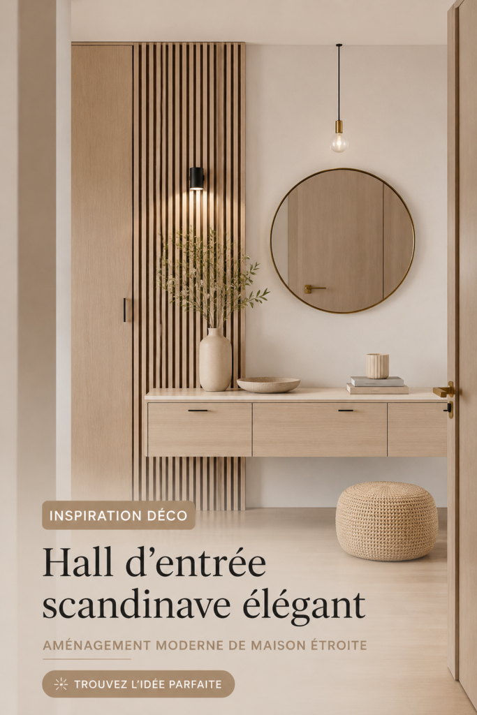 Couloir scandinave élégant décoré avec des meubles modernes et des accessoires pratiques.