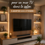 Salon moderne avec une décoration murale stylisée autour d'une télévision.