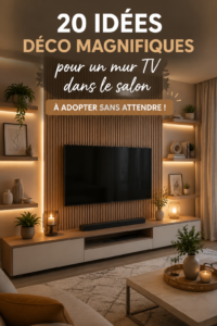 Salon moderne avec une décoration murale stylisée autour d'une télévision.