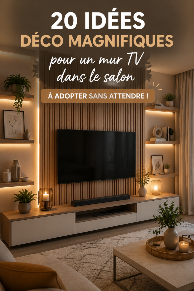 Salon moderne avec une décoration murale stylisée autour d'une télévision.