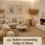 Salon cocooning beige et blanc avec des éléments décoratifs chaleureux