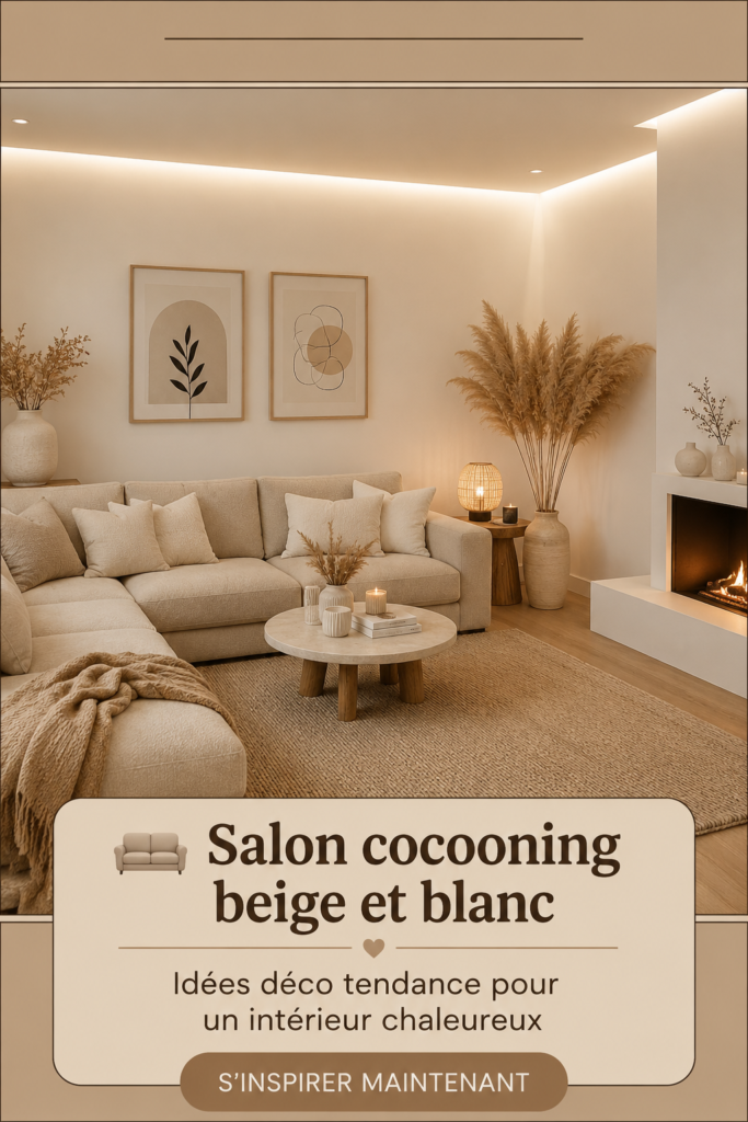 Salon cocooning beige et blanc avec des éléments décoratifs chaleureux