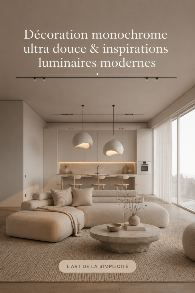 Un intérieur moderne avec un décor monochrome doux, mêlant des textures variées.