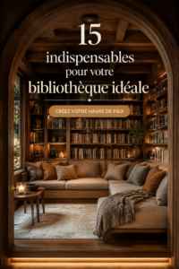 Un coin lecture chaleureux avec des étagères remplies de livres et un fauteuil confortable.