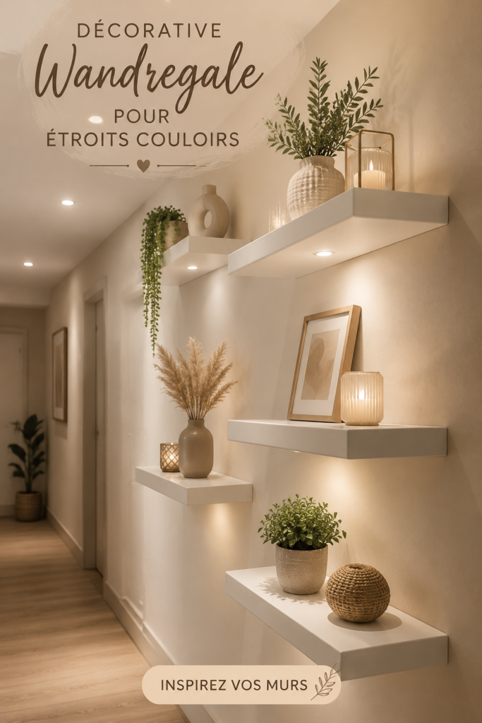 Étagères décoratives modernes installées dans un couloir étroit, optimal pour le rangement.
