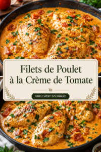 Filets de poulet à la crème de tomate sur une assiette garnie