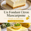 Un beau fondant citron mascarpone sur une assiette avec une décoration de zestes de citron.