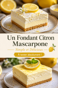 Un beau fondant citron mascarpone sur une assiette avec une décoration de zestes de citron.