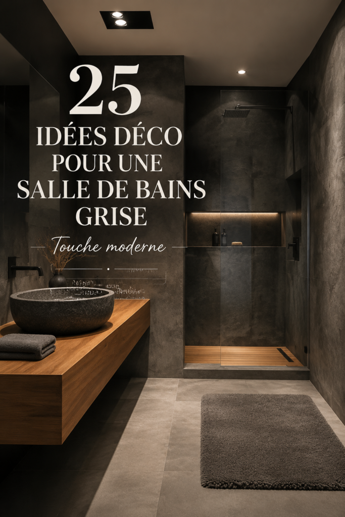 Salle de bains moderne avec des murs gris et accessoires élégants.