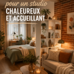 Un studio décoré avec des couleurs chaudes et des meubles confortables, créant une ambiance cozy.