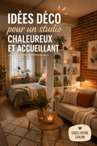 Un studio décoré avec des couleurs chaudes et des meubles confortables, créant une ambiance cozy.