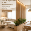 Un salon moderne avec un séparateur en bois stylé délimitant l'espace.