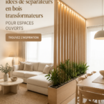 Un salon moderne avec un séparateur en bois stylé délimitant l'espace.