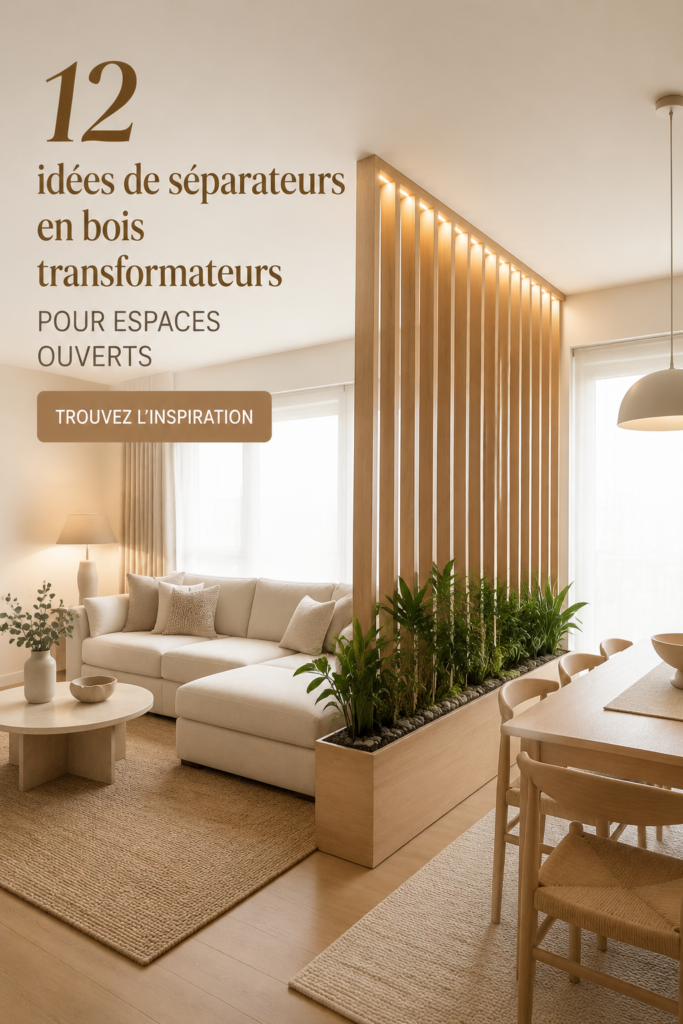 Un salon moderne avec un séparateur en bois stylé délimitant l'espace.