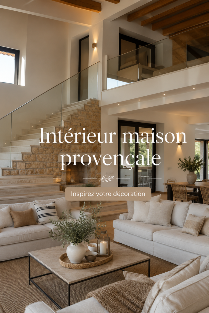 Intérieur d'une maison avec une décoration de style provençal, mettant en avant des couleurs chaudes et des matériaux naturels.