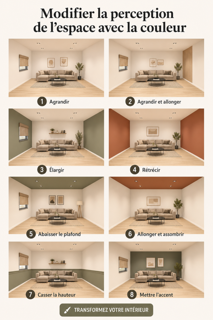Un salon moderne avec des murs colorés, montrant l'impact positif de la couleur sur l'espace