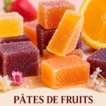 Un plat de pâtes de fruits maison colorées sur une table en bois