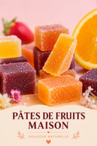 Un plat de pâtes de fruits maison colorées sur une table en bois