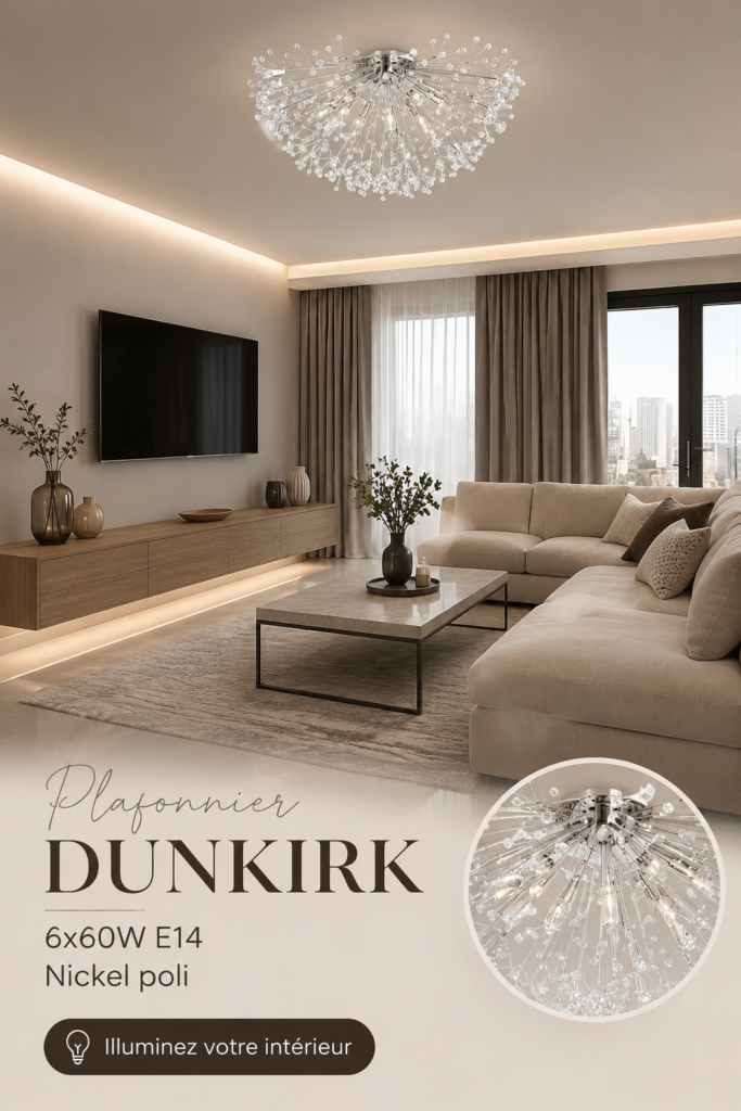 Plafonnier DUNKIRK en nickel poli, style moderne.