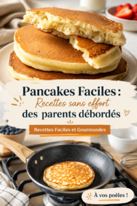 Pancakes moelleux dorés et garnis de fruits frais sur une assiette.