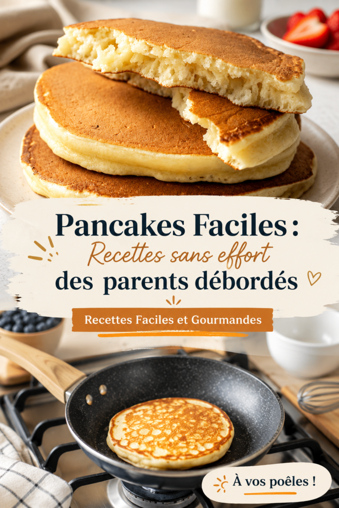 Pancakes moelleux dorés et garnis de fruits frais sur une assiette.