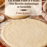 Pâte à pizza prête à être étalée sur un plan de travail en bois.