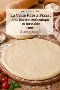 Pâte à pizza prête à être étalée sur un plan de travail en bois.