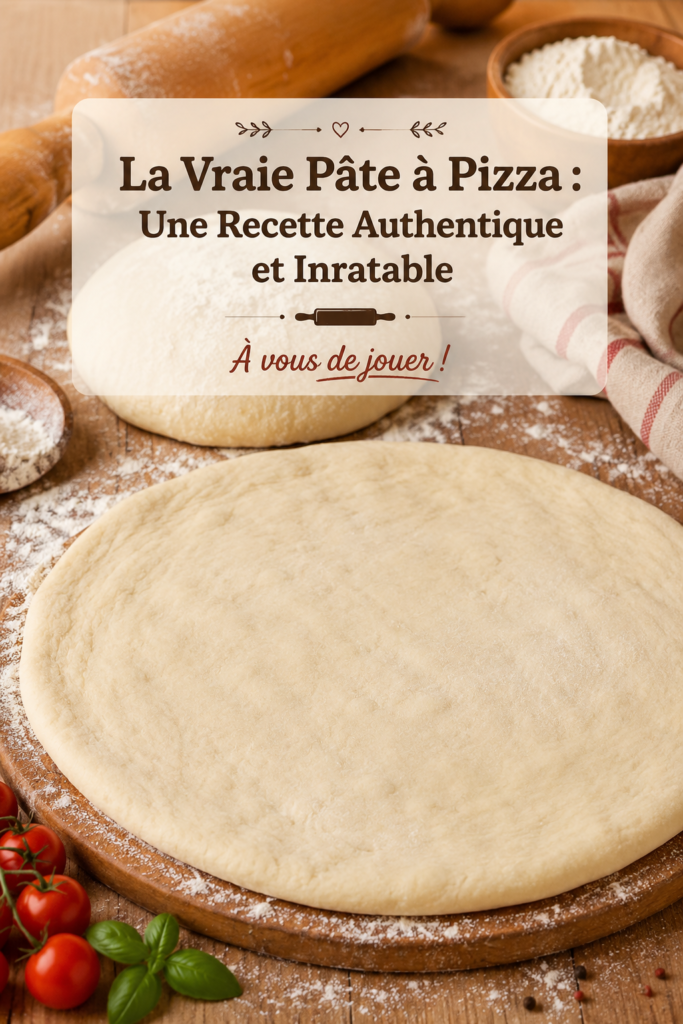 Pâte à pizza prête à être étalée sur un plan de travail en bois.