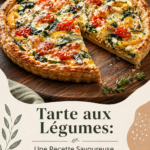 Tarte aux légumes colorée sur une table rustique, prête à être servie.