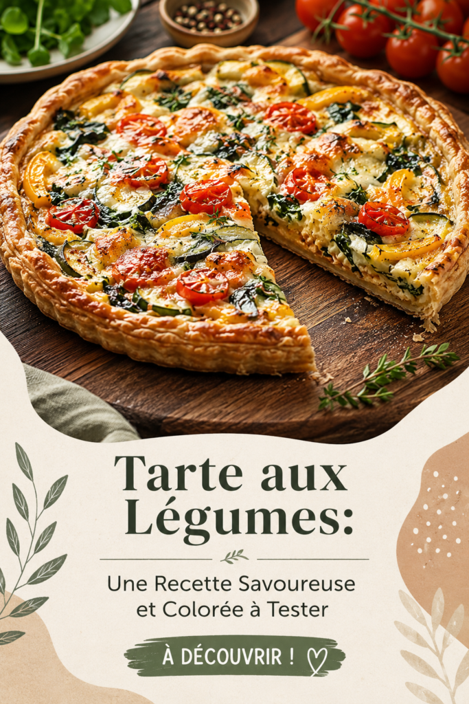 Tarte aux légumes colorée sur une table rustique, prête à être servie.