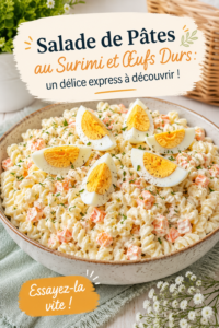 Salade de pâtes au surimi et œufs durs servie dans un bol coloré, fraîche et appétissante.