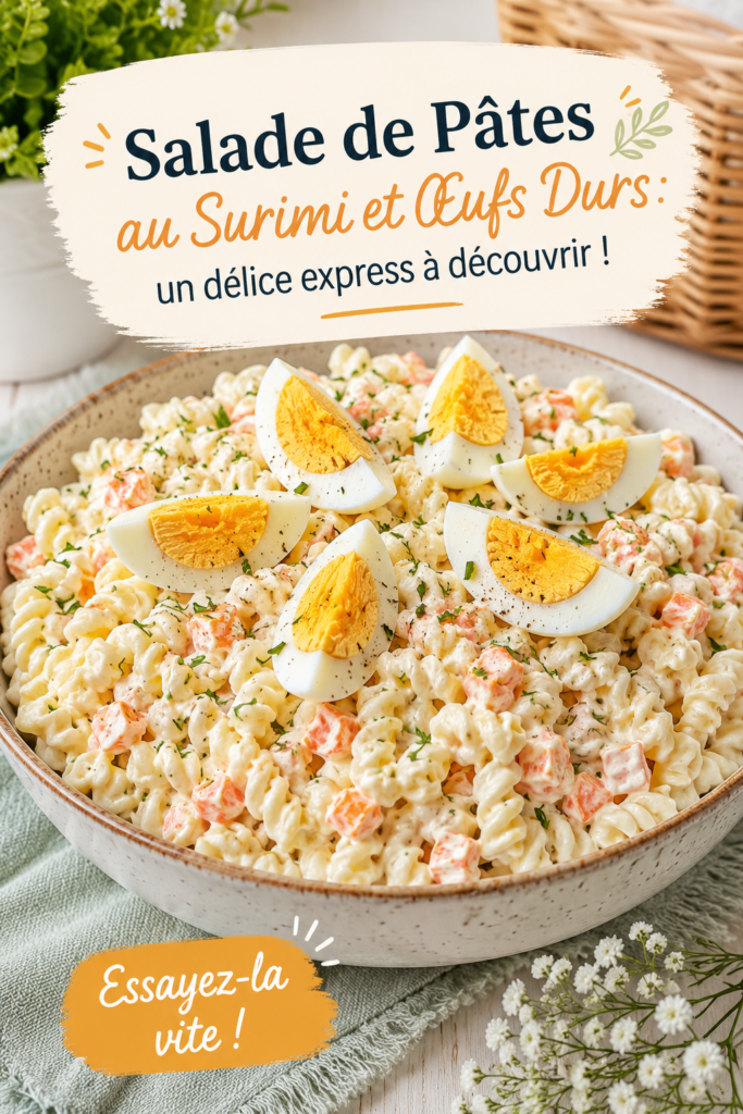Salade de pâtes au surimi et œufs durs servie dans un bol coloré, fraîche et appétissante.