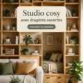 Un studio cosy avec des étagères ouvertes bien aménagées