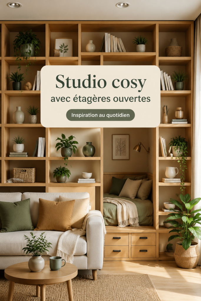 Un studio cosy avec des étagères ouvertes bien aménagées