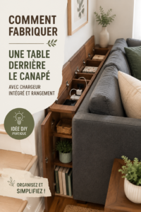 Une table de canapé en bois avec rangement et ports de chargement dans un salon moderne.