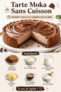 Une tarte moka crémeuse sans cuisson présentée sur une table.