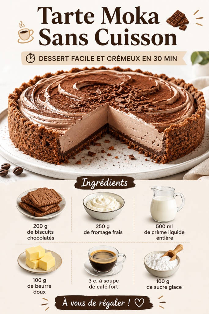 Une tarte moka crémeuse sans cuisson présentée sur une table.