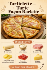 Une tarticlette cuite au four, dorée et appétissante, sur une table en bois.