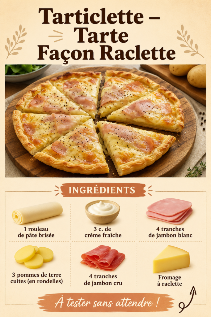 Une tarticlette cuite au four, dorée et appétissante, sur une table en bois.
