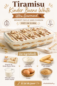 Tiramisu Kinder Bueno White servi dans une verrine, décoré de copeaux de chocolat.